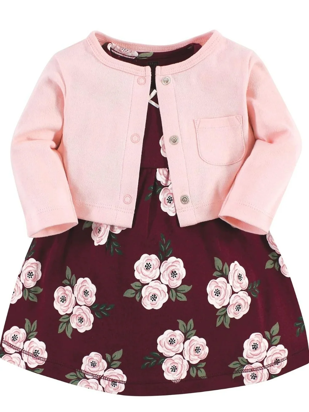Girls Pink Cardigan & Burgundy Floral Dress Set